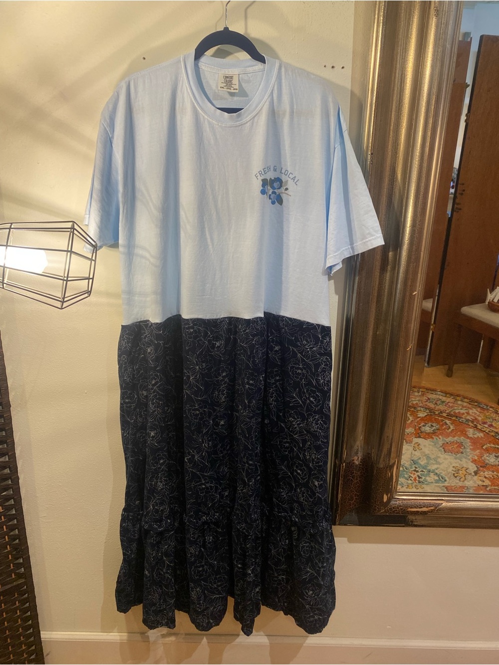 OOAK Upcycled Blueberry Farm Tee Top with Navy Floral Tiered Skirt has pockets!